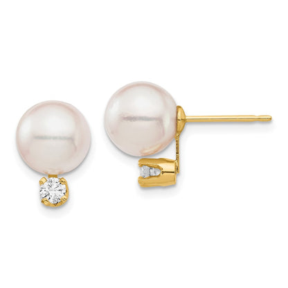 14k Yellow Gold 8-9mm Akoya Saltwater Cultured Pearl and Diamond Stud Earrings