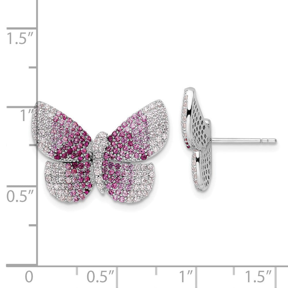 Sterling Silver Rhodium-plated Polished Pink CZ Butterfly Button Stud Earrings