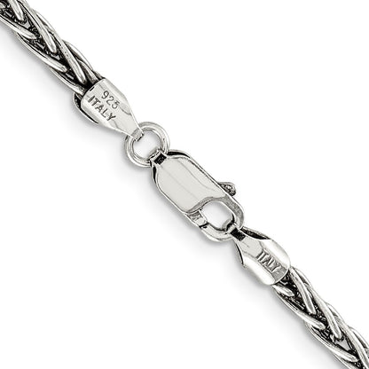 Sterling Silver Antiqued 3.25mm Solid Square Spiga Chain Necklace 30"