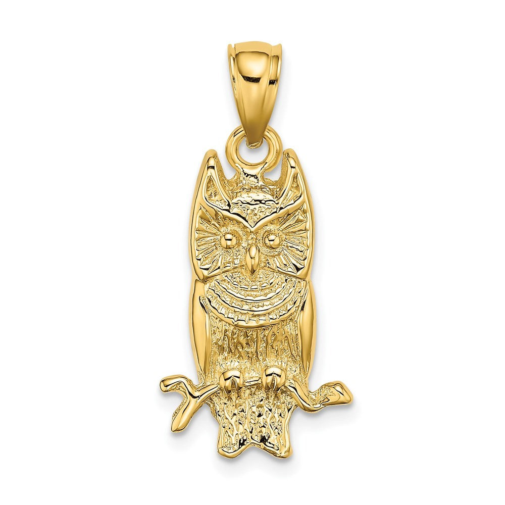 14k Yellow Gold Textured Owl Charm Pendant