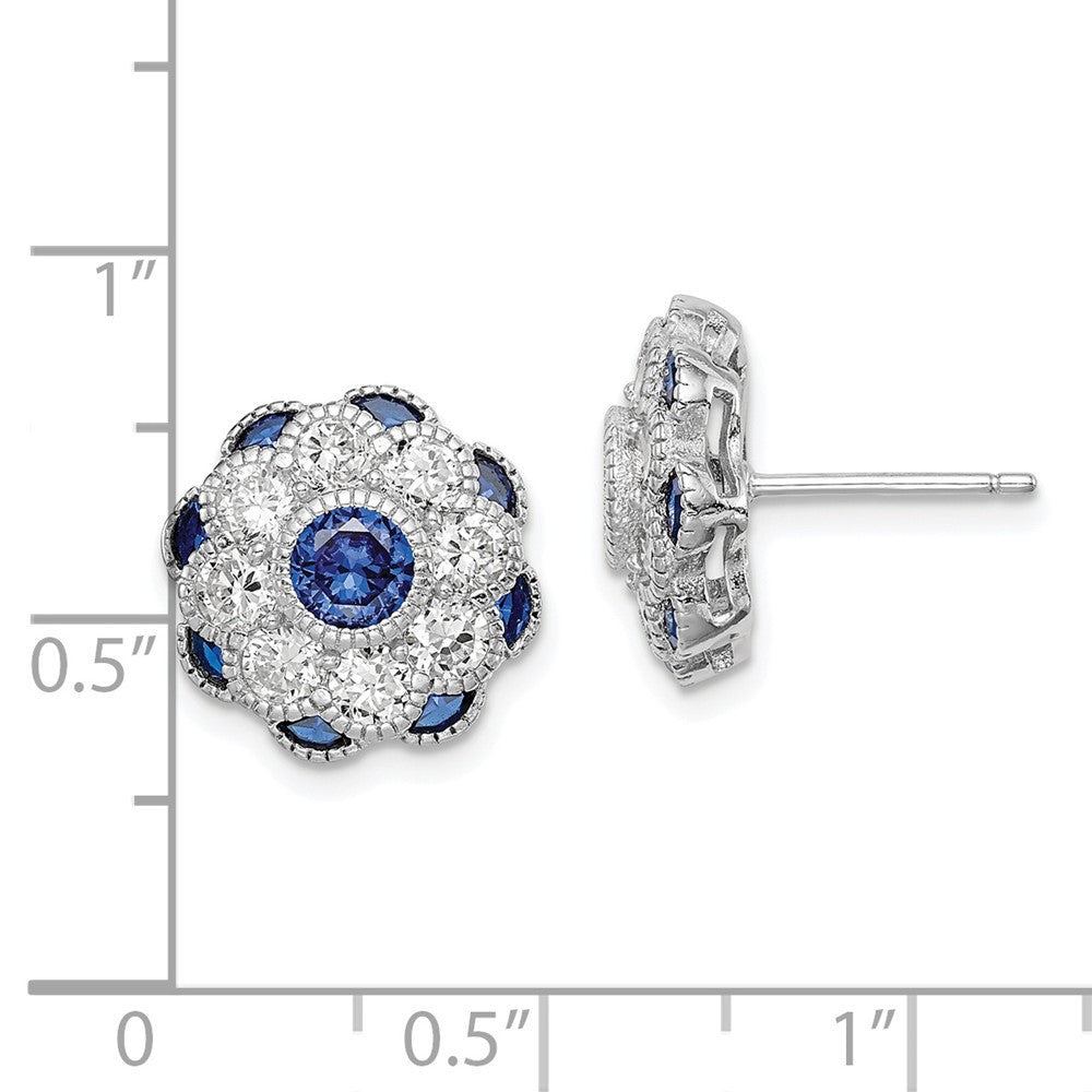 Sterling Silver CZ and Synthetic Blue Spinel Flower Stud Earrings
