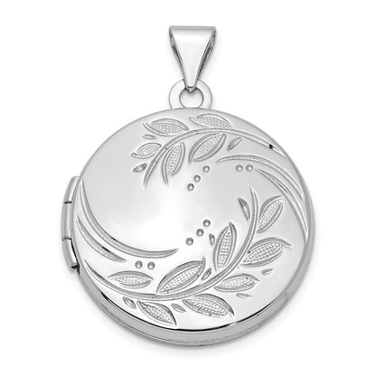 Sterling Silver Rhodium-plated 20mm Round Leaf Floral Locket Pendant
