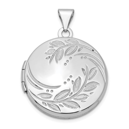Sterling Silver Rhodium-plated 20mm Round Leaf Floral Locket Pendant