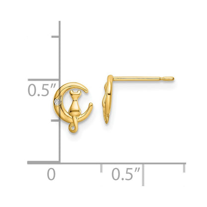 14k Yellow Gold CZ Cat on the Moon Button Stud Earrings