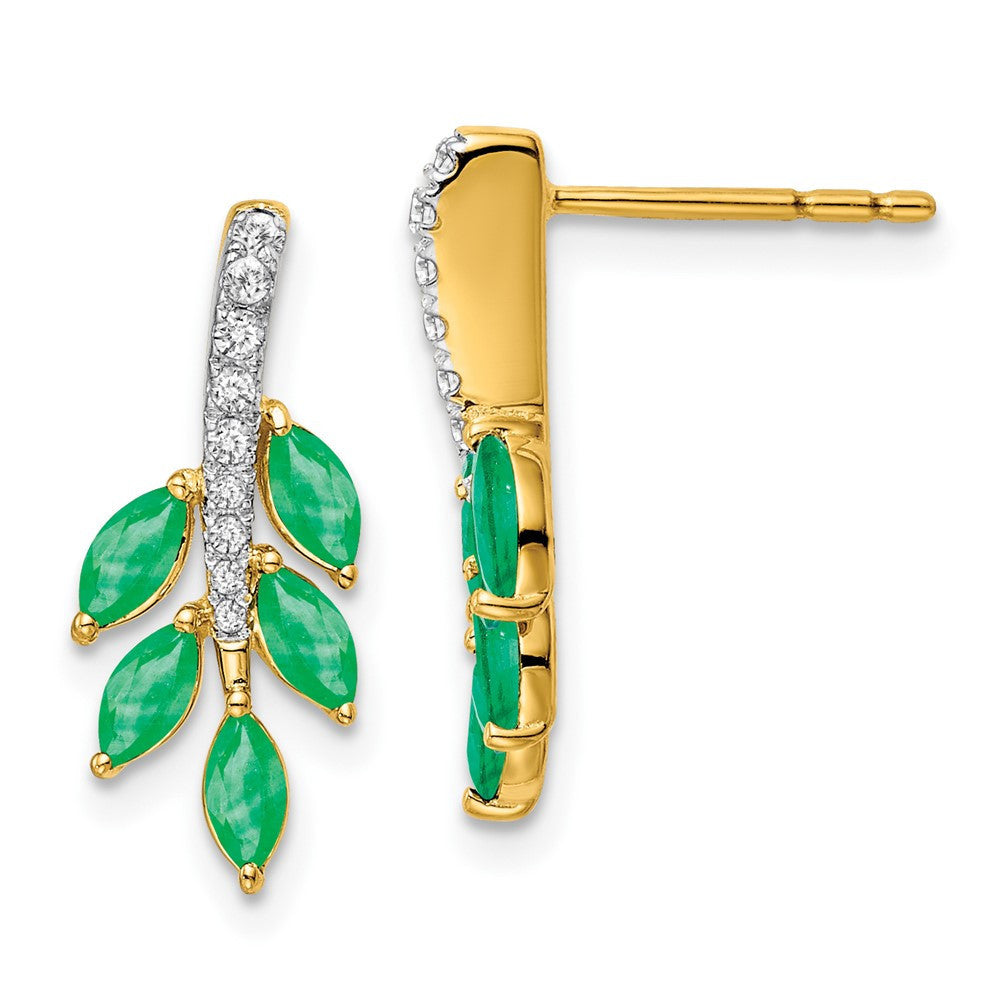 14k Yellow Gold Emerald and Diamond Leaf Drop & Dangle Earrings