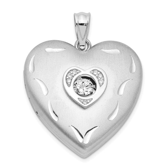 Sterling Silver Rhodium-plated Satin Diamond & CZ Heart Locket Pendant