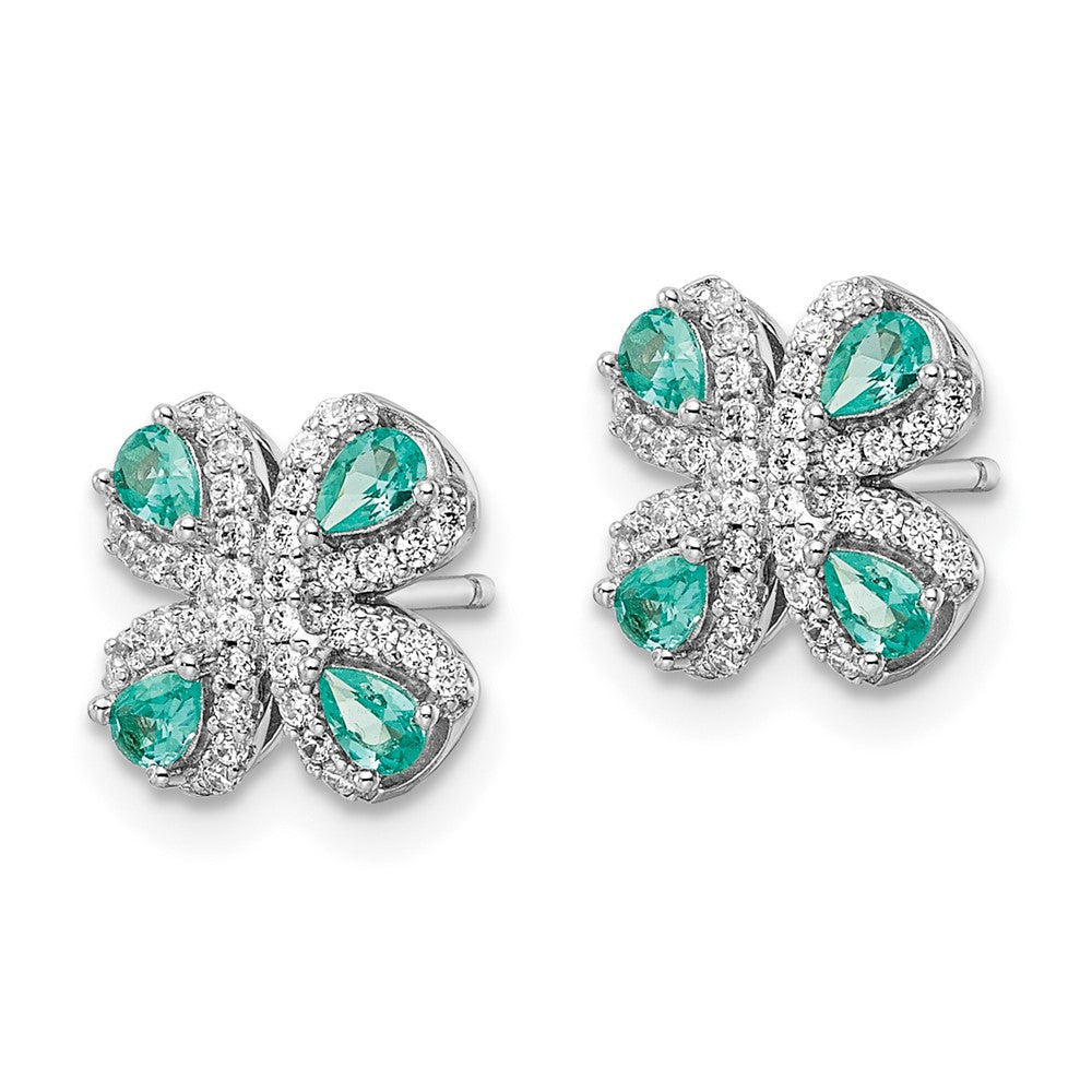 Sterling Silver Rhodium plated Teal & White CZ Button Stud Earrings