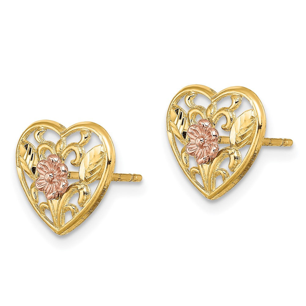 14k Two-tone Gold Polished Floral in Heart Stud Earrings