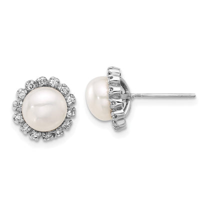 14k White Gold 8mm Button Freshwater Cultured Pearl & Diamond Stud Earrings