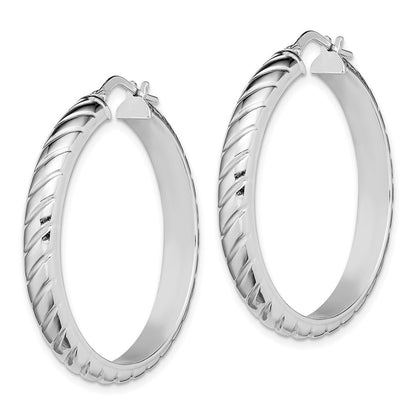Sterling Silver Rhodium-plated 5x30mm Polished Textured Hoop Earrings