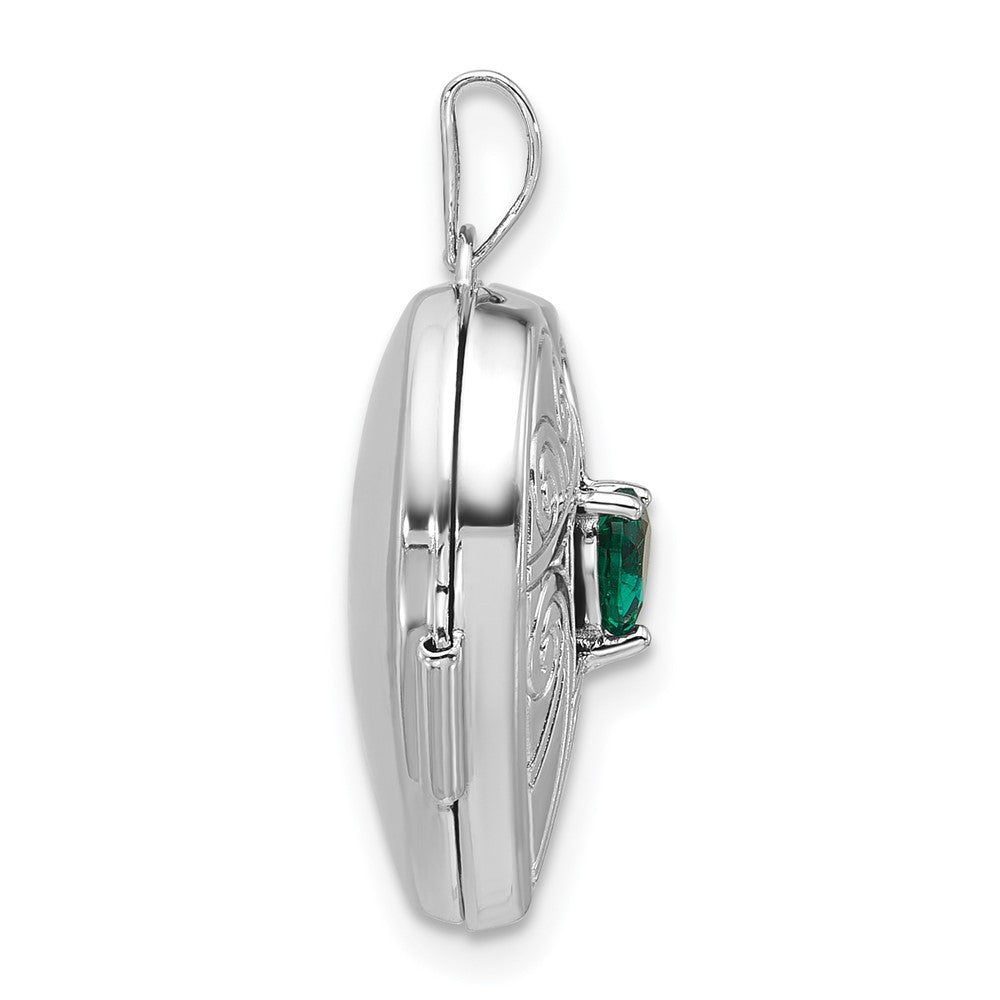 Sterling Silver Lab Created Emerald May Birthstone 18mm Heart Locket