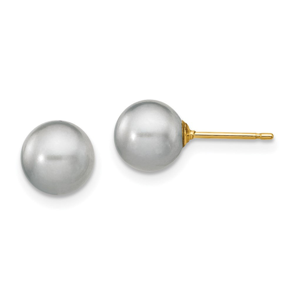14k Yellow Gold 7-8mm Grey Round Freshwater Cultured Pearl Stud Earrings