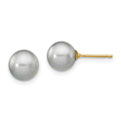 14k Yellow Gold 7-8mm Grey Round Freshwater Cultured Pearl Stud Earrings