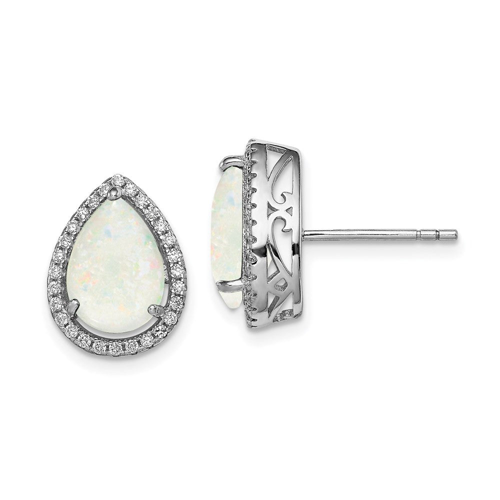 Sterling Silver Rhodium Polished Simulated Opal & CZ Button Stud Earrings