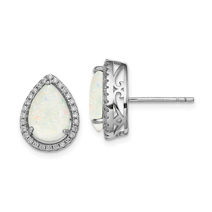 Sterling Silver Rhodium Polished Simulated Opal & CZ Button Stud Earrings