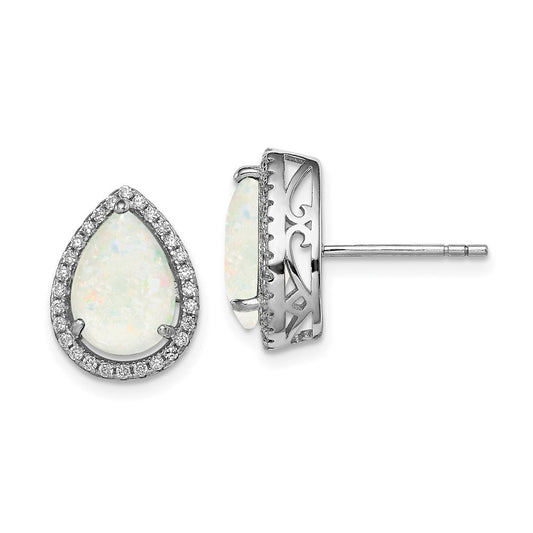 Sterling Silver Rhodium Polished Simulated Opal & CZ Button Stud Earrings