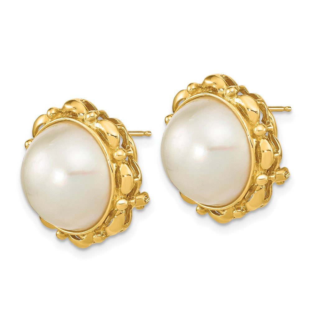 14k Yellow Gold 14mm Saltwater Cultured Pearl Omega Back Stud Earrings