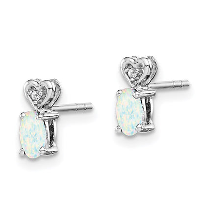 Sterling Silver Rhodium-plated Created Opal & Diam. Button Stud Earrings