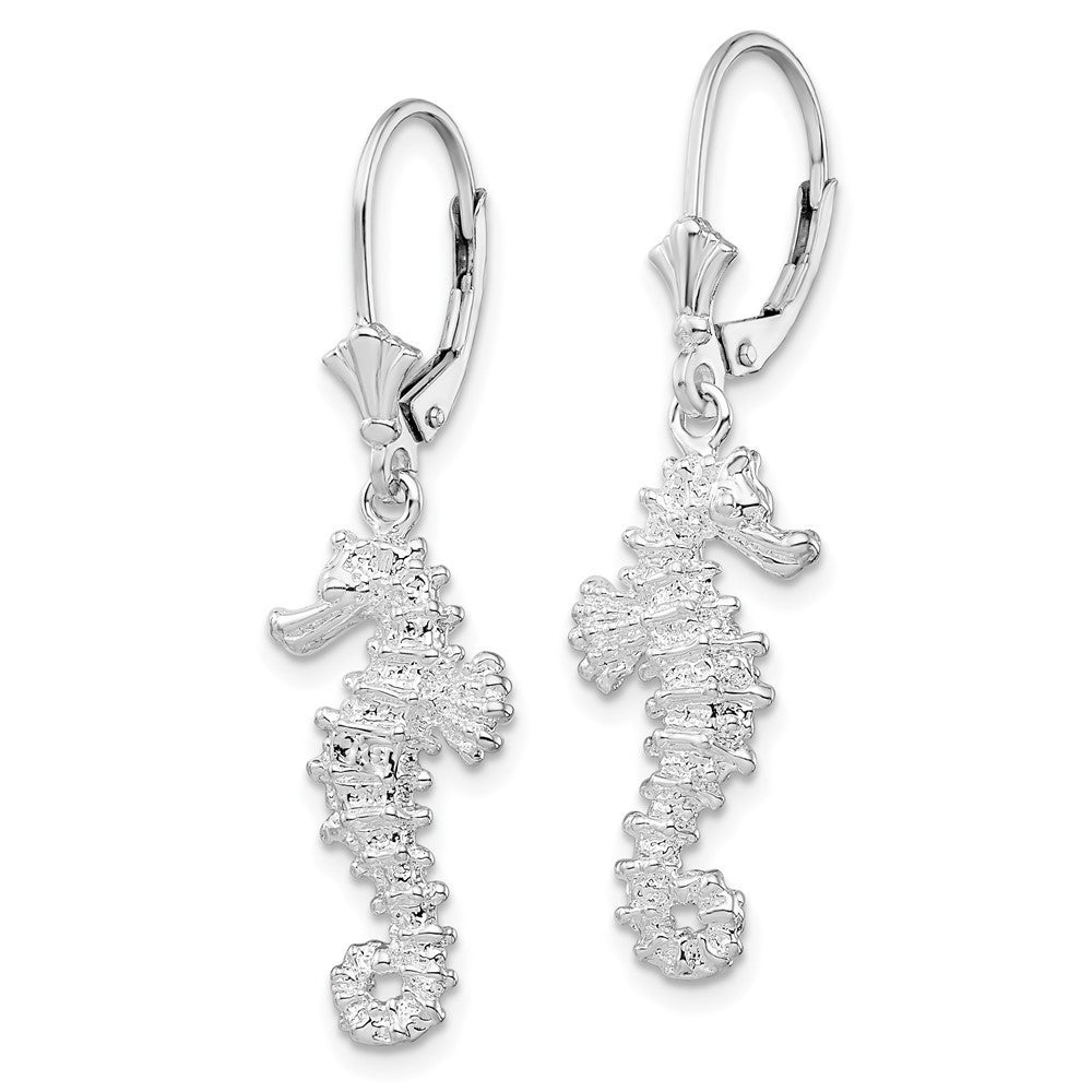 Sterling Silver Rhodium-Plated Polished 3D Seahorse Leverback Dangle Earrings