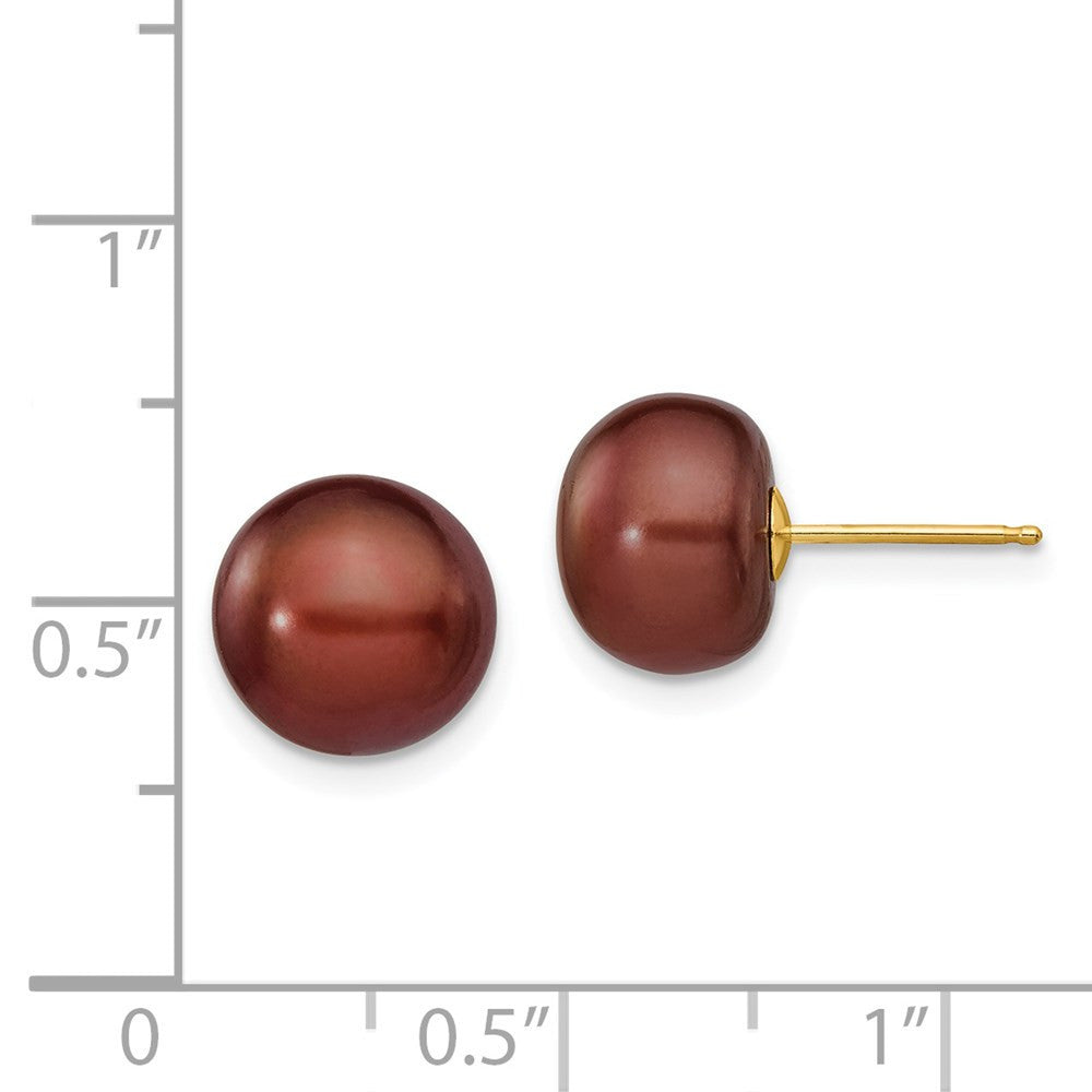 14k Yellow Gold 9-10mm Brown Button Freshwater Cultured Pearl Stud Earrings
