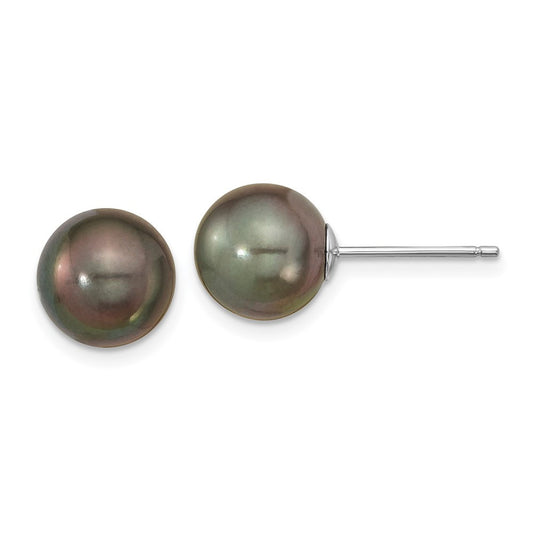 14k White Gold 10mm Black Round Tahitian Saltwater Cultured Pearl Stud Earrings