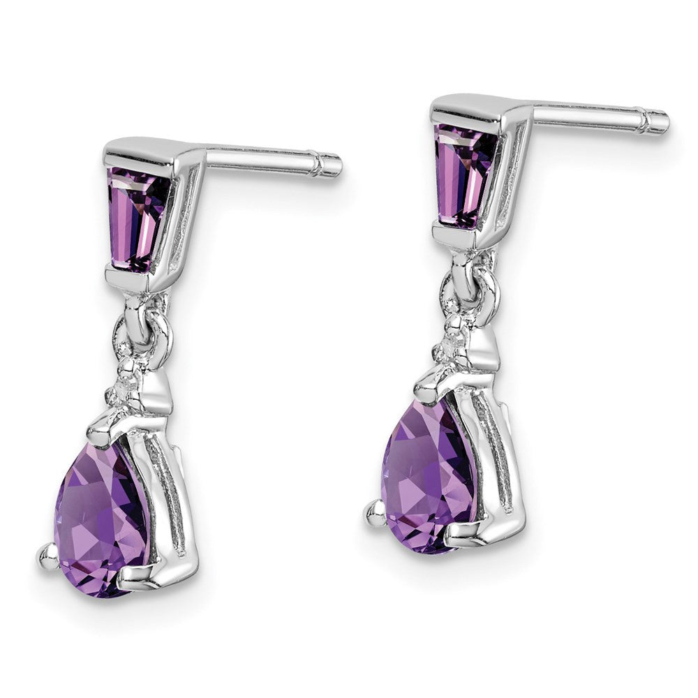 Sterling Silver Rhodium Plated Diamond and Amethyst Dangle Earrings
