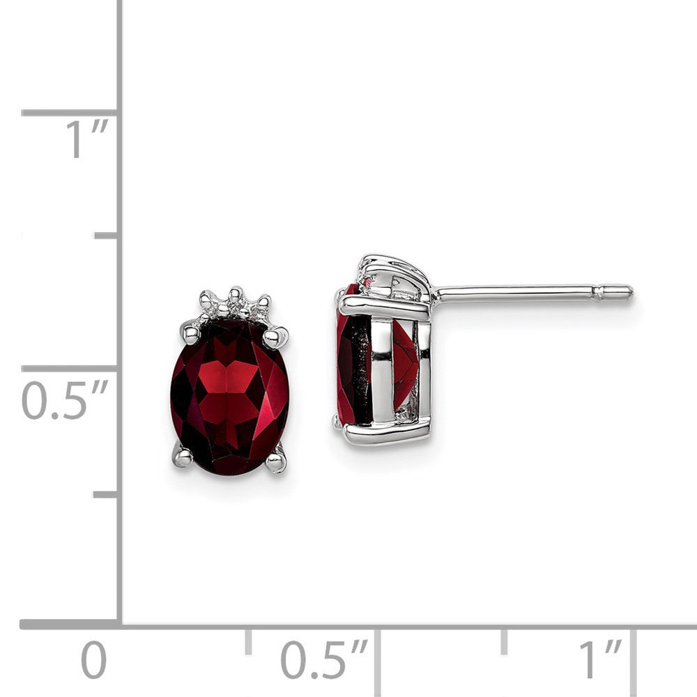 Sterling Silver Rhodium Plated Oval Garnet and Diamond Button Stud Earrings