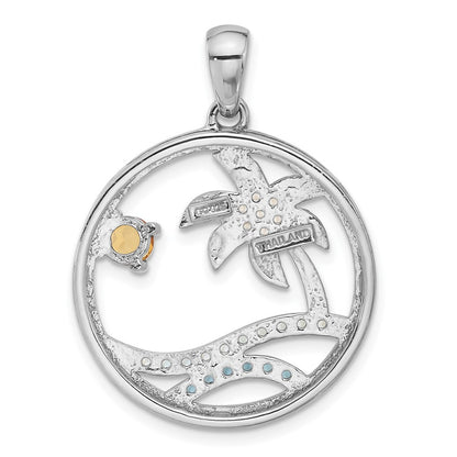 Sterling Silver Rhodium-plated Polished Rainbow Gemstone Ocean Palm Tree Pendant