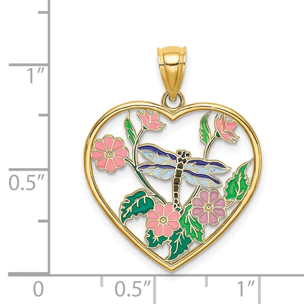 14k Yellow Gold Enamel Dragonfly and Flower in Heart Charm Pendant