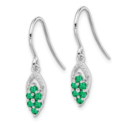 Sterling Silver Rhodium-plated Diam. & Emerald Shepherd Hook Dangle Earrings