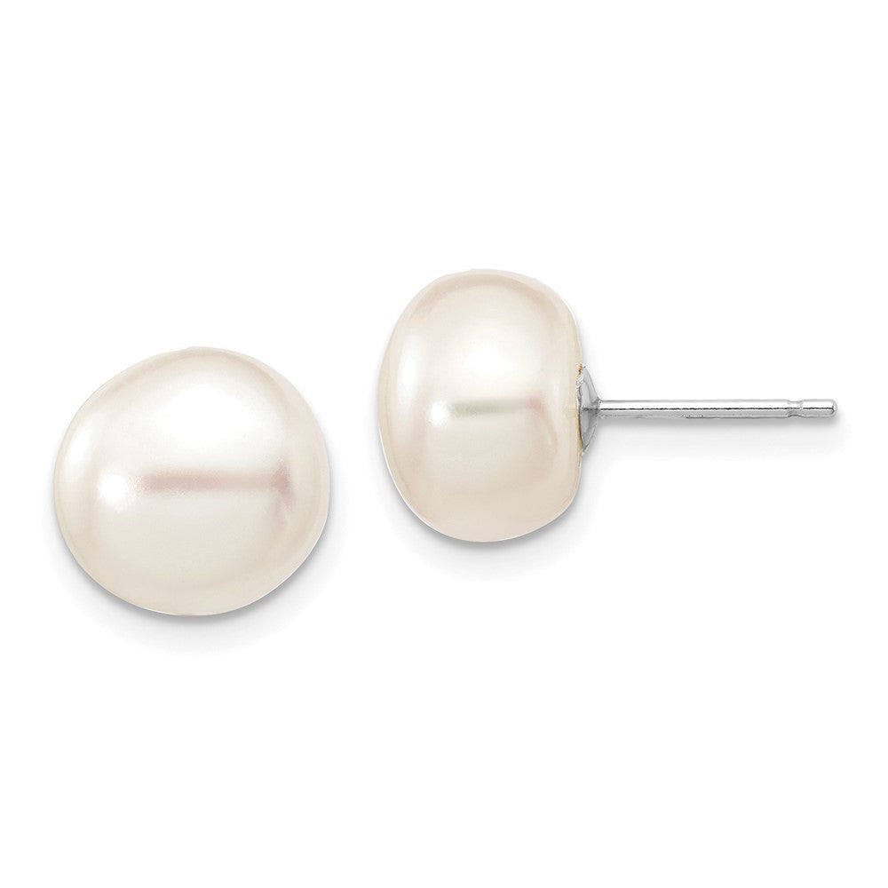 14k White Gold 9-10mm White Button Freshwater Cultured Pearl Stud Earrings