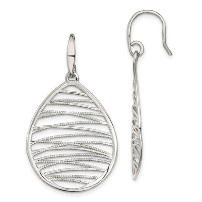 Sterling Silver Rhod-pltd Polished/Textured Tear Dangle Earrings
