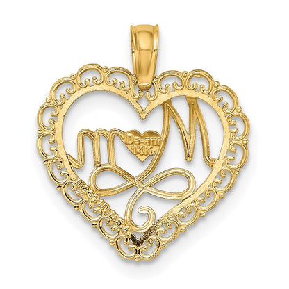 14k Yellow Gold Rhodium Cut-Out MOM In Scallop Heart Charm Pendant