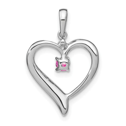 14k White Gold Created Pink Sapphire and Diamond Heart Pendant