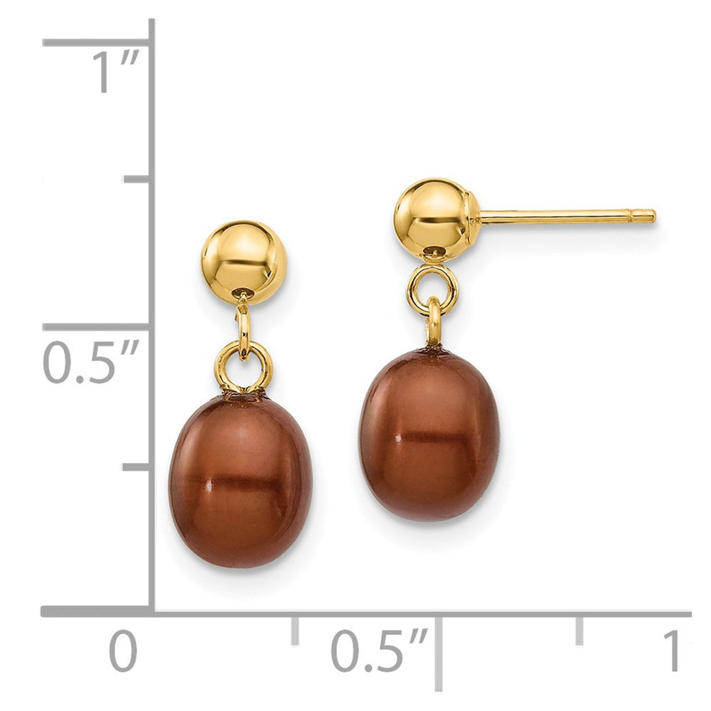 14k Yellow Gold 6-7mm Brown Rice Freshwater Cultured Pearl Dangle Earrings