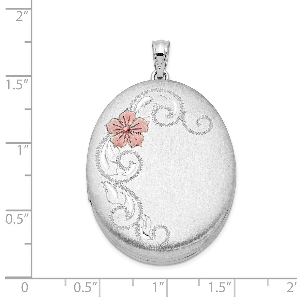 Sterling Silver Rhodium-plated Satin & Enameled Floral 34mm Oval Locket Pendant