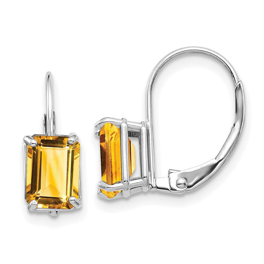 14k White Gold 7x5mm Emerald Cut Citrine Drop & Dangle Earrings