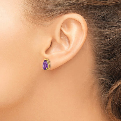 14k Yellow Gold 10x7mm Pear Amethyst Stud Earrings