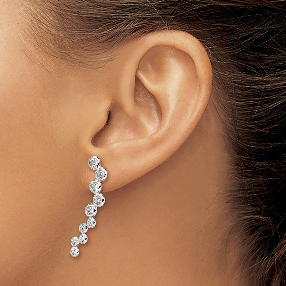 Sterling Silver Rhod-plated Polished Bezel CZ Ear Climber Dangle Earrings