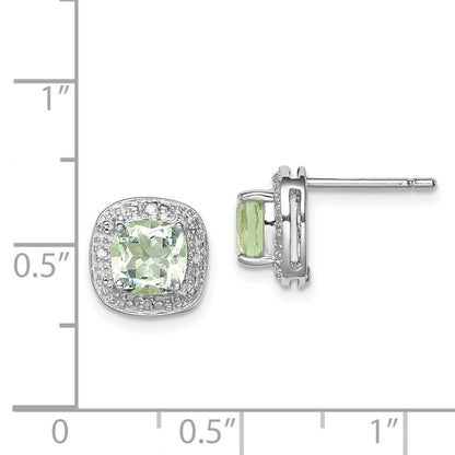 Sterling Silver Rhodium Plated Green Quartz and Diamond Button Stud Earrings