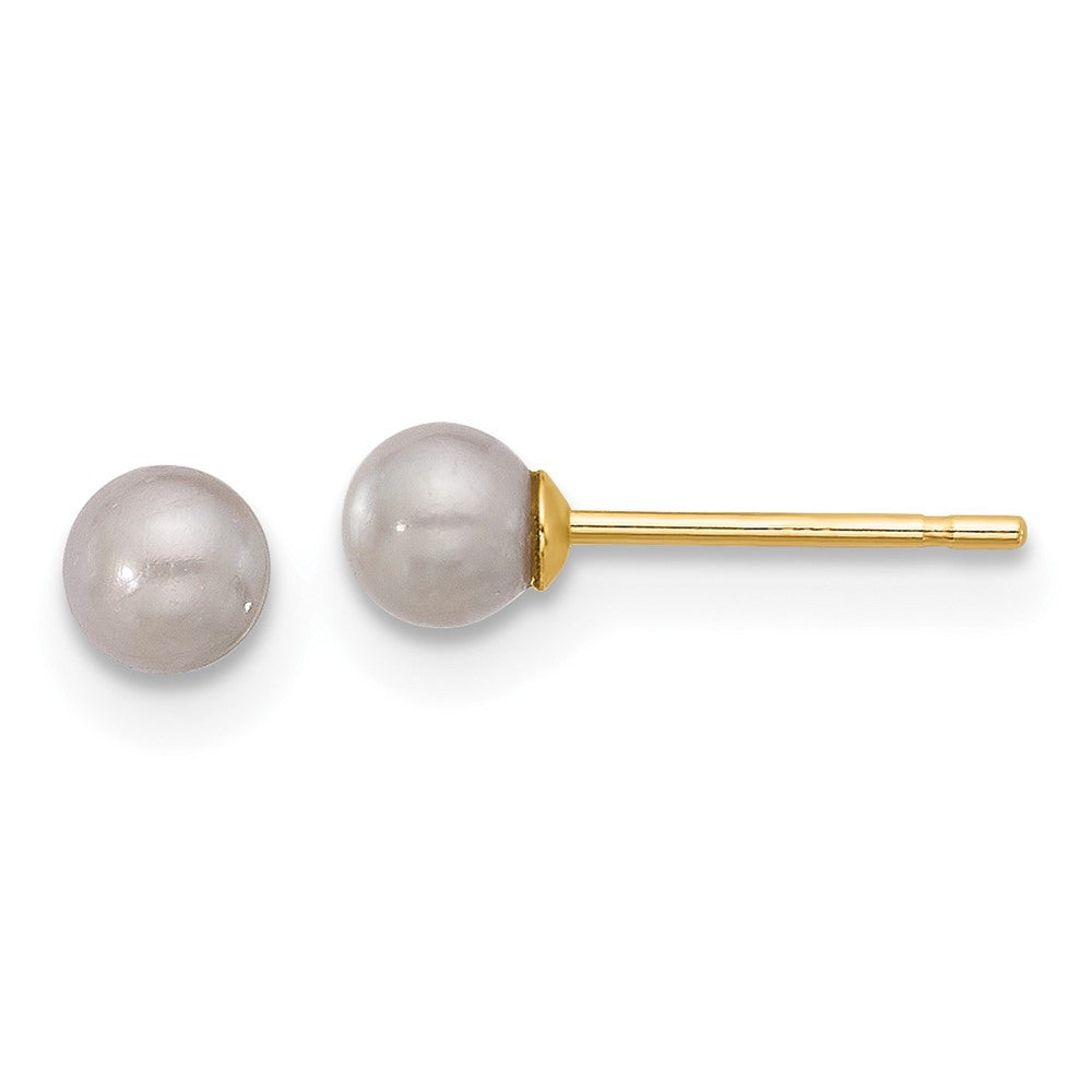 14k Yellow Gold 3-4mm Grey Round Freshwater Cultured Pearl Button Stud Earrings