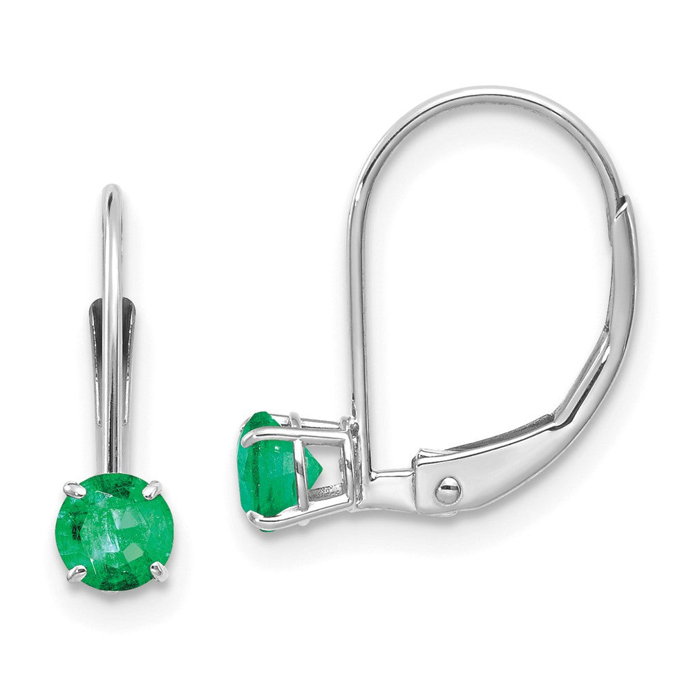 14k White Gold 4mm Round May/Emerald Leverback Dangle Earrings