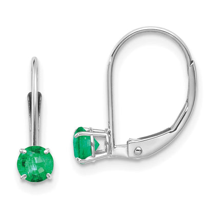 14k White Gold 4mm Round May/Emerald Leverback Dangle Earrings