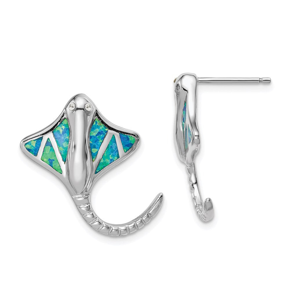 Sterling Silver Rhodium-plated Created Blue Opal Stingray Dangle Earrings