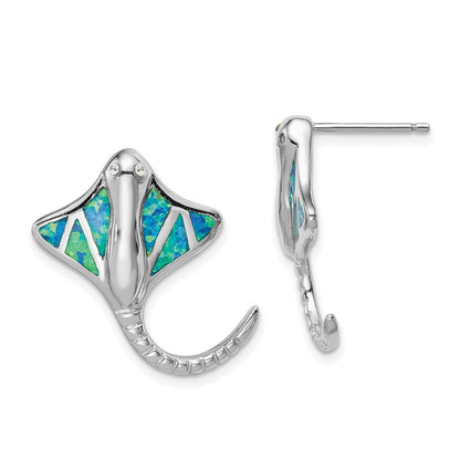 Sterling Silver Rhodium-plated Created Blue Opal Stingray Dangle Earrings