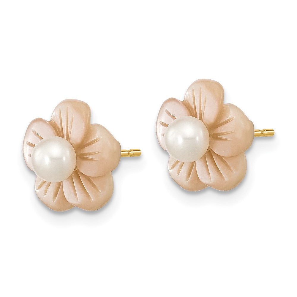 14k Yellow Gold 4mm Cultured Pearl and Pink Mother of Pearl Flower Stud Earrings