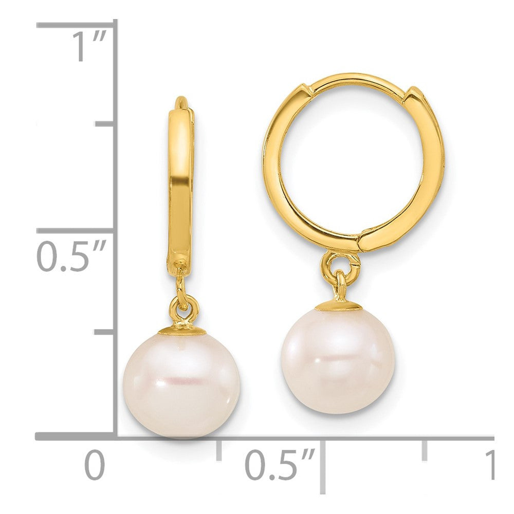 14k Yellow Gold 7-8mm White Round Freshwater Cultured Pearl Dangle Hoop Earrings