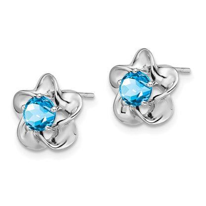 Sterling Silver Rhodium-plated Floral Blue Topaz Button Stud Earrings
