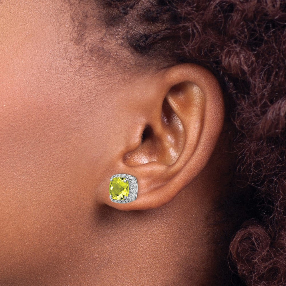 Sterling Silver Rhodium-plated Lemon Quartz and Diamond Button Stud Earrings