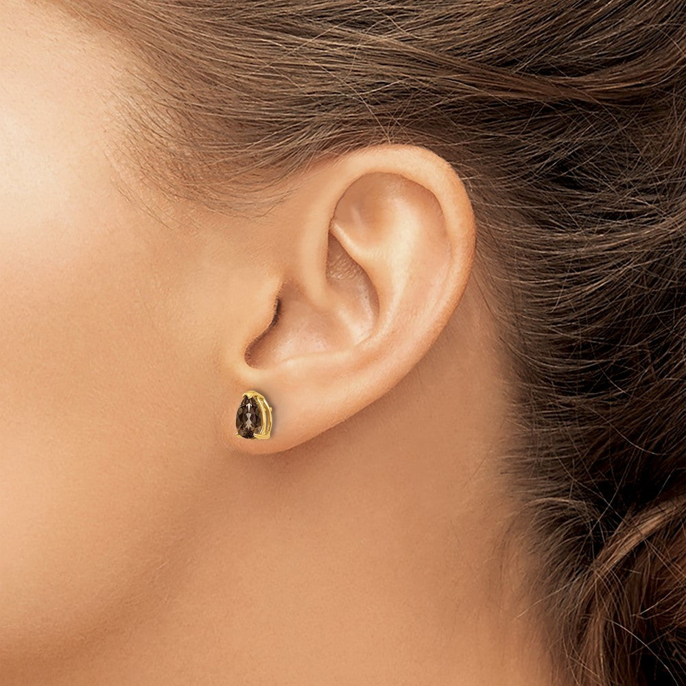 14k Yellow Gold 7x5 Pear Checker-Cut Smoky Quartz Stud Earrings